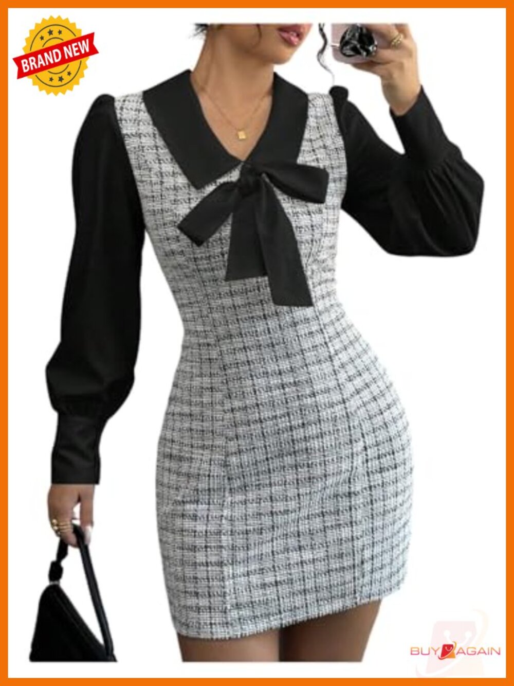 Plaid Tweed Lantern Sleeve Mini Dress Collared Bodycon